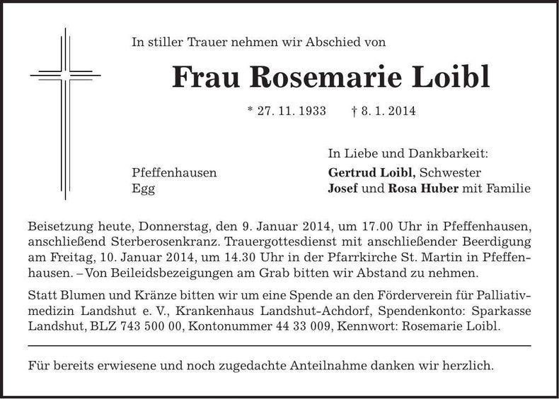 Traueranzeige Rosemarie Loibl