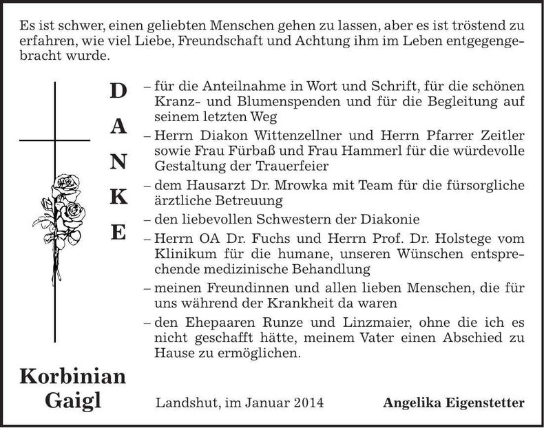 Traueranzeige Korbinian Gaigl