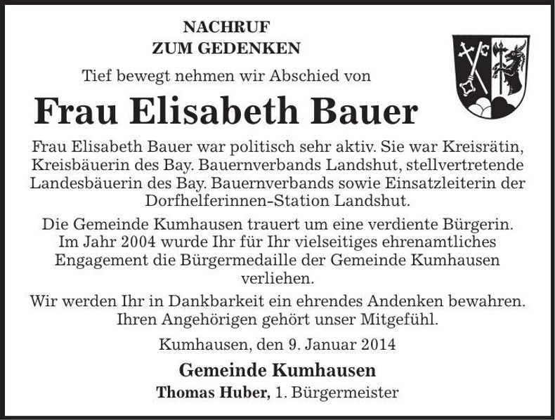 Traueranzeige Elisabeth Bauer