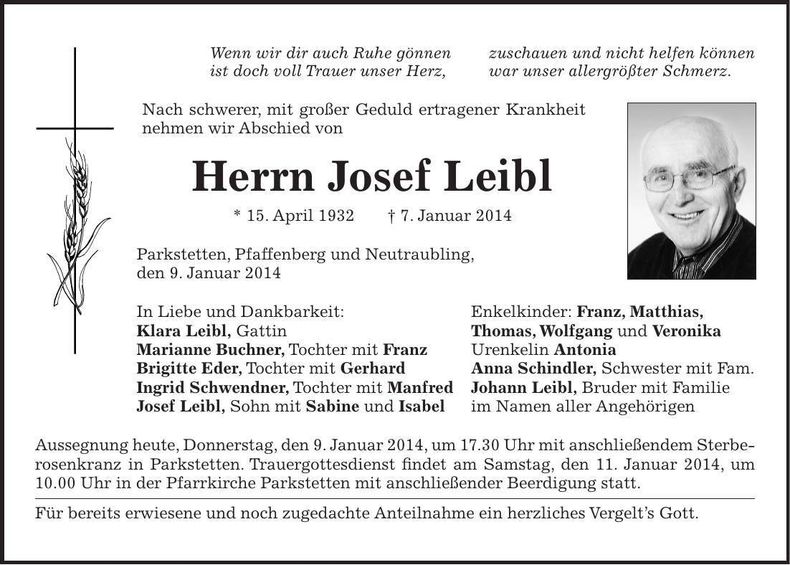 Traueranzeige Josef Leibl