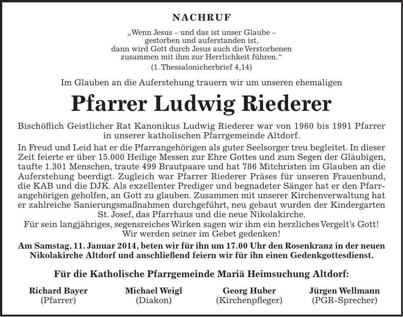 Traueranzeige Ludwig Riederer