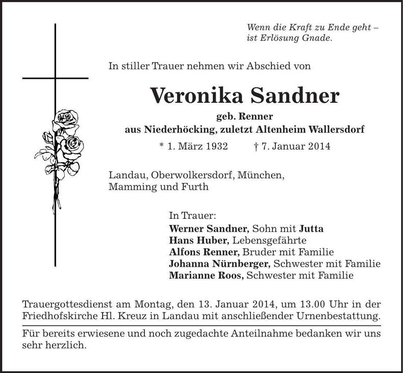 Traueranzeige Veronika Sandner