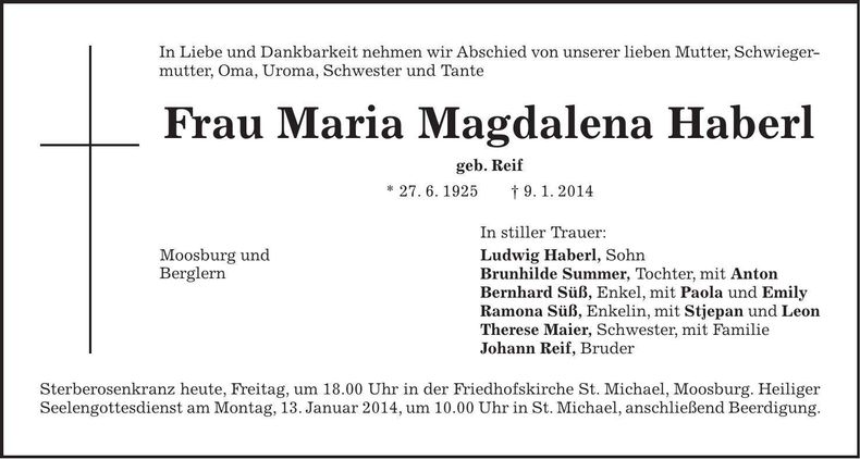Traueranzeige Maria Magdalena Haberl