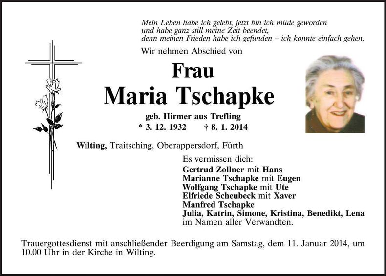 Traueranzeige Maria Tschapke