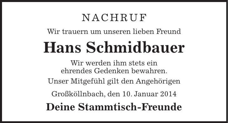 Traueranzeige Johann Schmidbauer