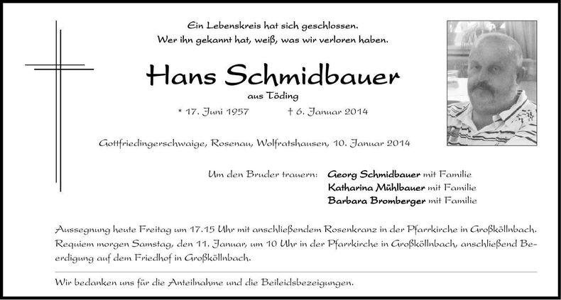 Traueranzeige Hans Schmidbauer