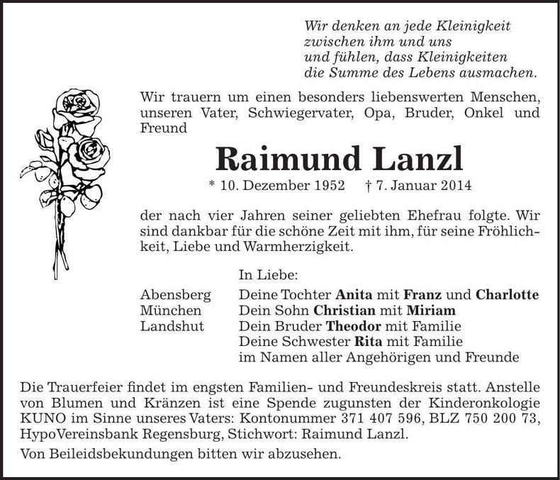 Traueranzeige Raimund Lanzl