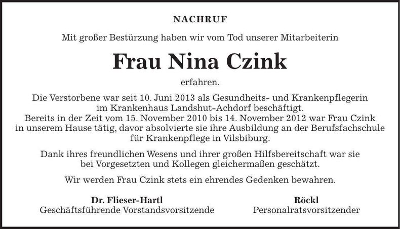 Traueranzeige Nina Czink