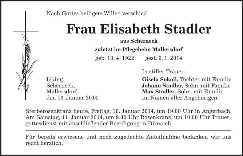Traueranzeige Elisabeth Stadler