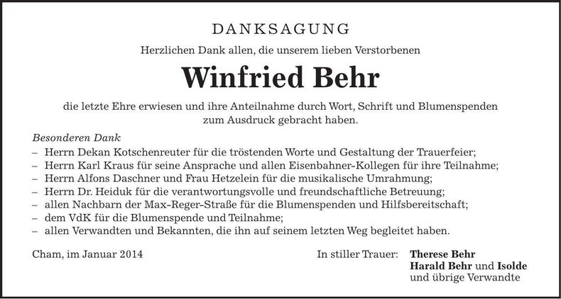 Traueranzeige Winfried Behr