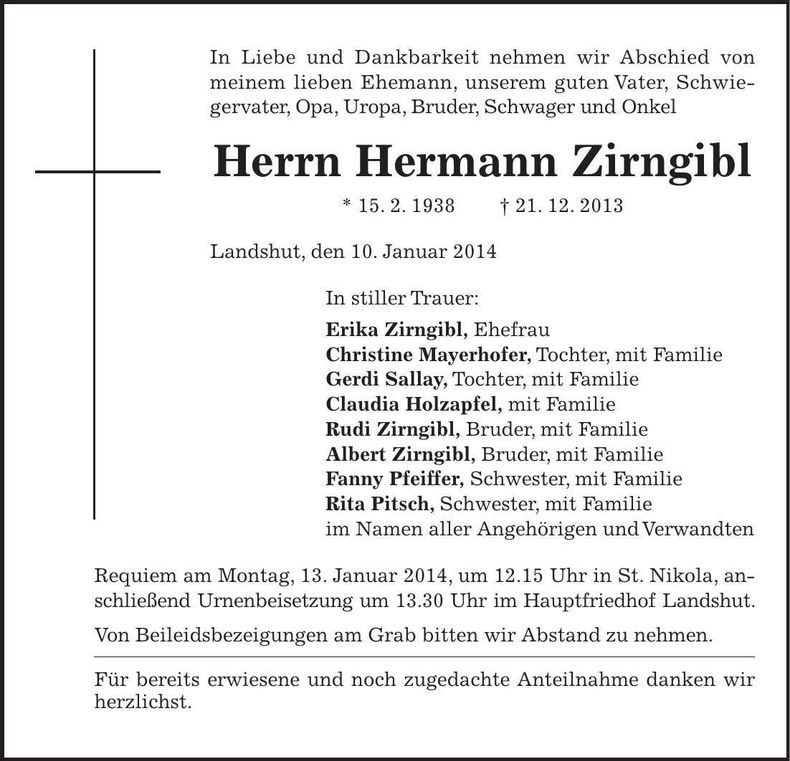 Traueranzeige Hermann Zirngibl