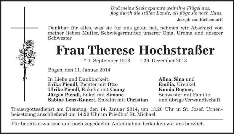 Traueranzeige Therese Hochstraßer