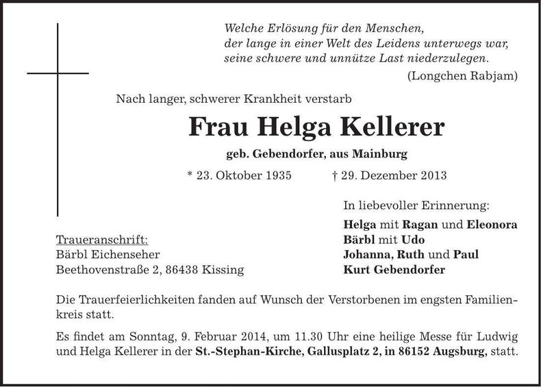 Traueranzeige Helga Kellerer