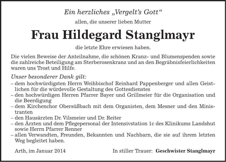 Traueranzeige Hildegard Stanglmayr