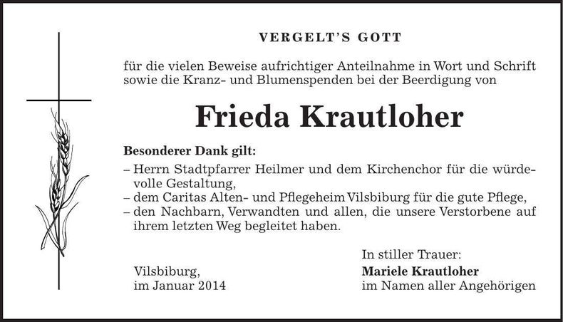 Traueranzeige Frieda Krautloher