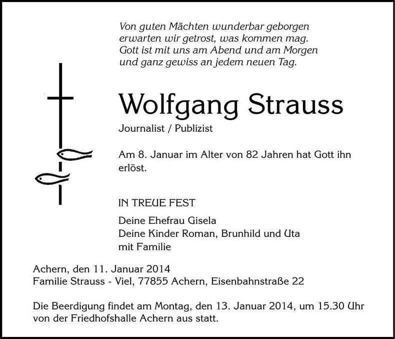 Traueranzeige Wolfgang Strauss
