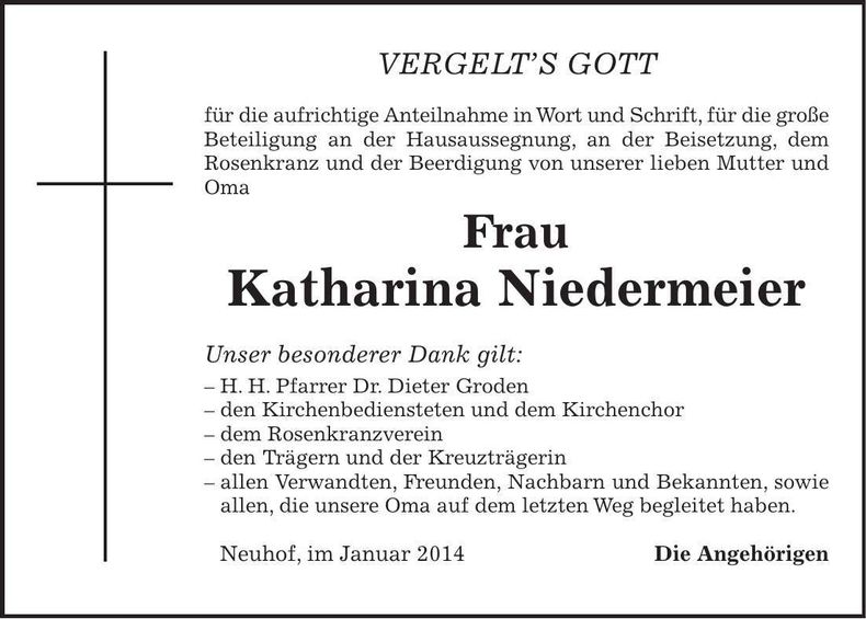 Traueranzeige Katharina Niedermeier