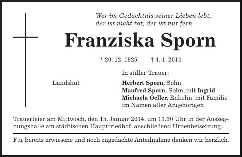Traueranzeige Franziska Sporn