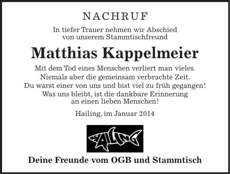 Traueranzeige Matthias Kappelmeier