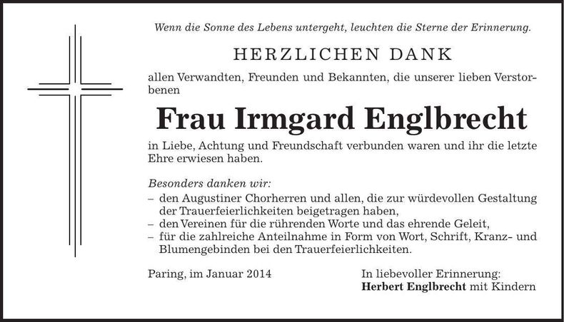 Traueranzeige Irmgard Englbrecht