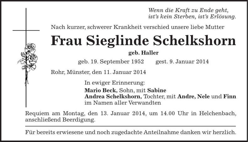 Traueranzeige Sieglinde Schelkshorn
