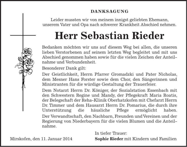 Traueranzeige Sebastian Riederer