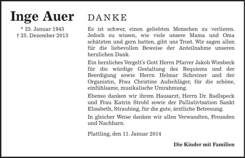Traueranzeige Inge Auer