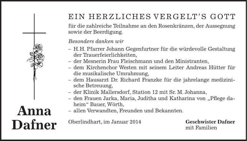 Traueranzeige Anna Dafner