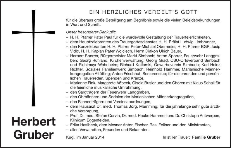 Traueranzeige Herbert Gruber
