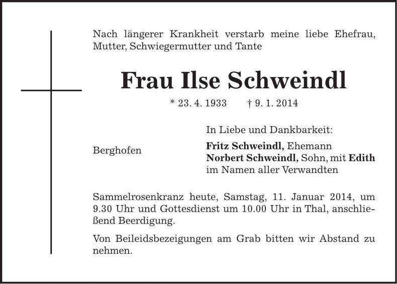 Traueranzeige Ilse Schweindl