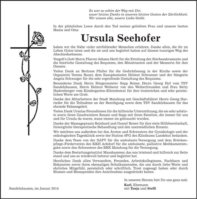 Traueranzeige Ursula Seehofer