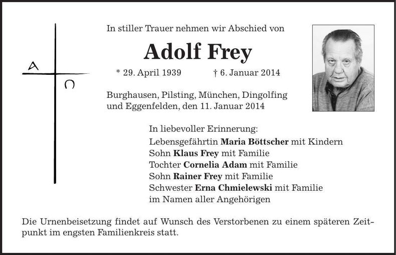 Traueranzeige Adolf Frey