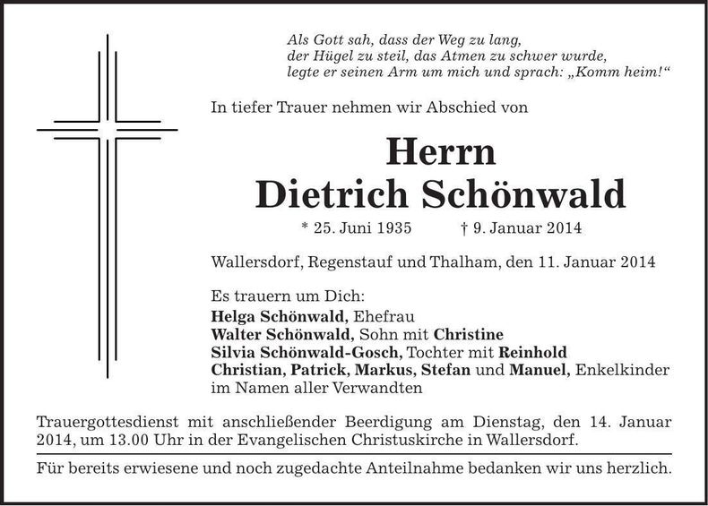 Traueranzeige Dietrich Schönwald