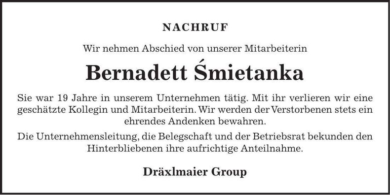 Traueranzeige Bernadett Smietanka