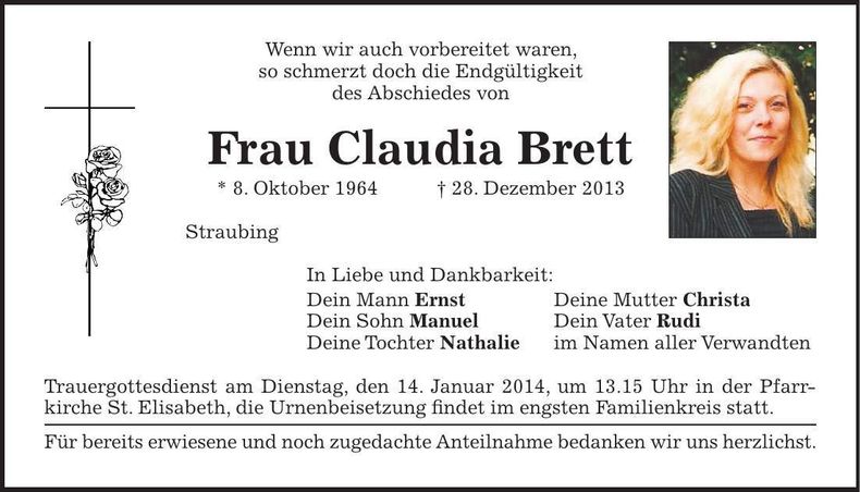 Traueranzeige Claudia Brett