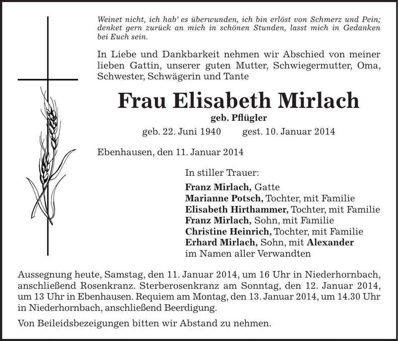 Traueranzeige Elisabeth Mirlach