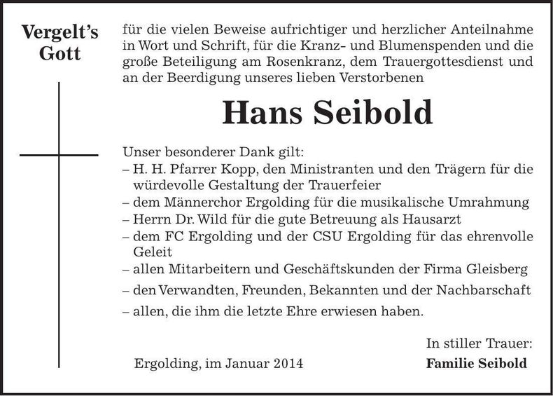 Traueranzeige Hans Seibold