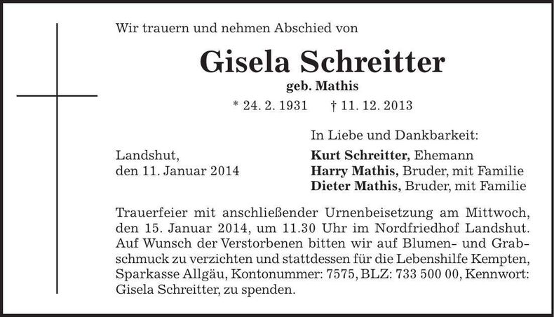 Traueranzeige Gisela Schreitter