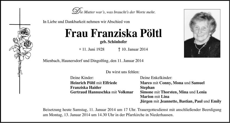 Traueranzeige Franziska Pöltl