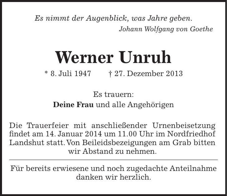 Traueranzeige Werner Unruh