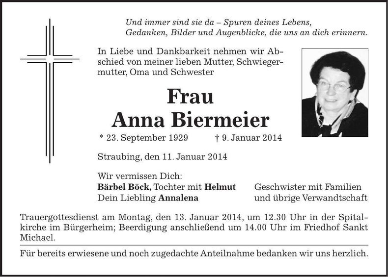 Traueranzeige Anna Biermeier