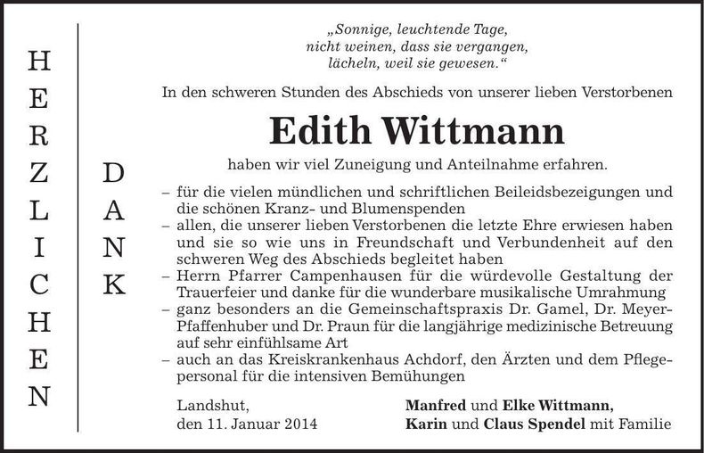 Traueranzeige Edith Wittmann