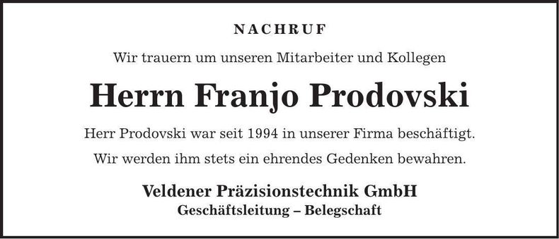 Traueranzeige Franjo Prodovski