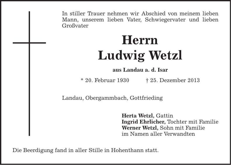 Traueranzeige Ludwig Wetzl