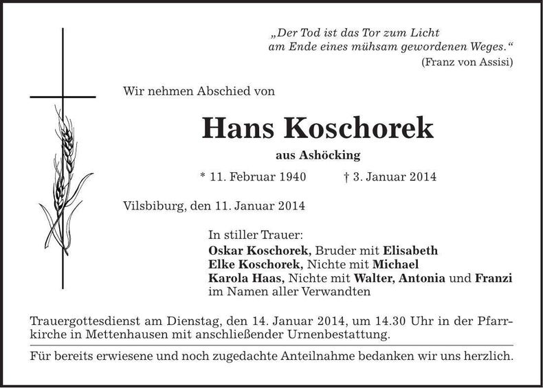 Traueranzeige Hans Koschorek