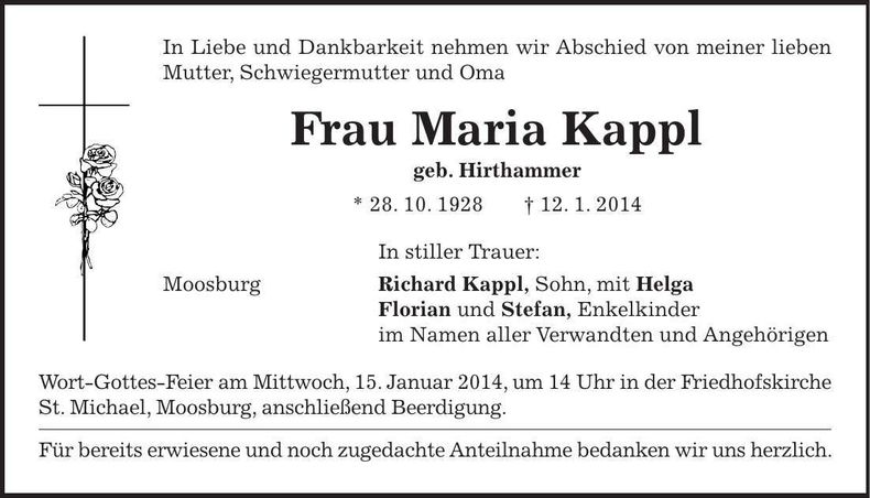 Traueranzeige Maria Kappl