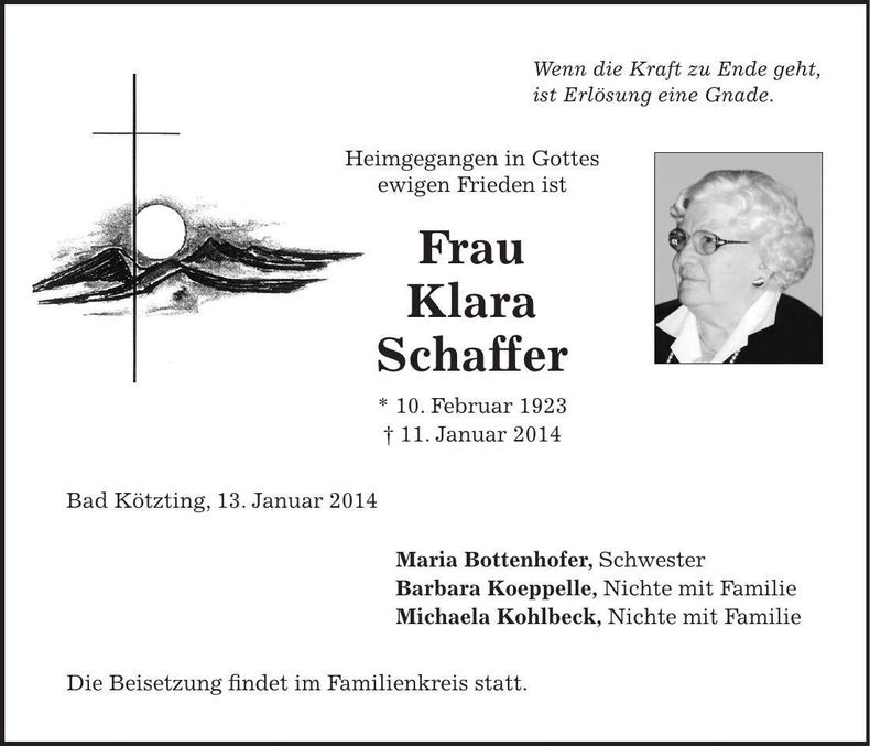 Traueranzeige Klara Schaffer