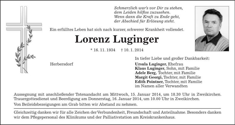 Traueranzeige Lorenz Luginger