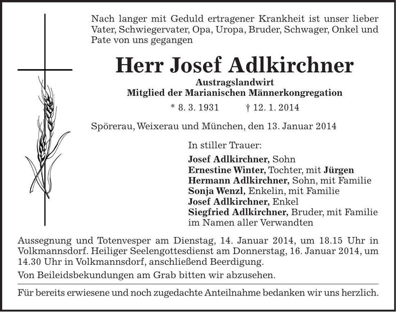 Traueranzeige Josef Adlkirchner