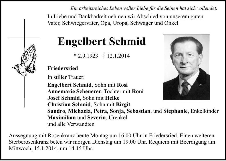 Traueranzeige Engelbert Schmid